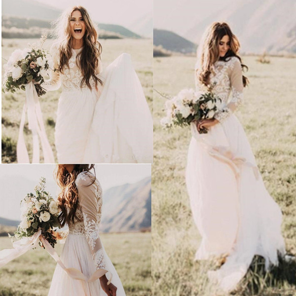 Beach Wedding Dresses Bohemian Country With Sheer Long Sleeves Bateau Neck A Line Lacce Applique Chiffion Boho Bridal Gowns Cheap