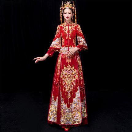 Chinese US2-US20 SIZE ankle length wedding dresses/ancient marriage dress TANG suit with ruffle & crystal China marriage women dresses