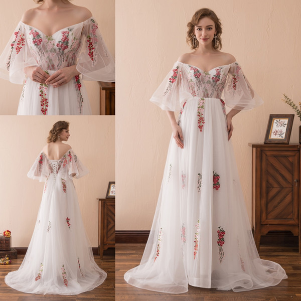 Stock New Tulle Off-shoulder Exquisite Embroidery Lace-up A-line Floor Length Garden Wedding Dress Cheap 