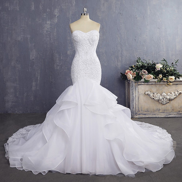 Elegant Cheap Bride Gown Ruffles Sexy Mermaid Wedding Dresses with Pearl Vintage Lace Wedding Dress 