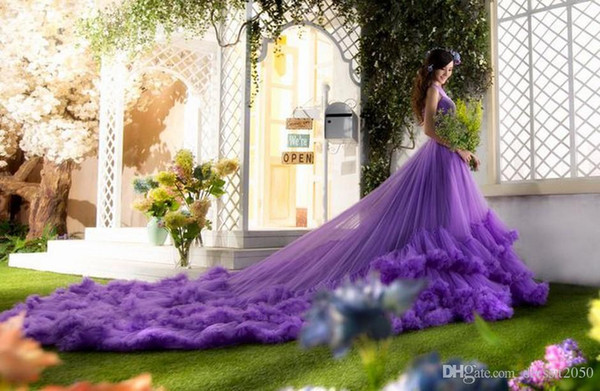 Elegant Purple Tulle One Shoulder Cloud Hem 1.5 meters Train Wedding Dresses Bridal Photography Dresses Photo Shoot Dresses W812005