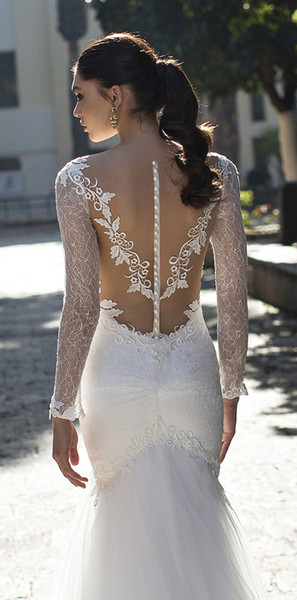 2016 In-Stock Cheap Wedding Dresses under 100 with Illusion Long Sleeves and Deep V Neck Appliques Tulle Mermaid Bridal Gowns Ivory Size 4