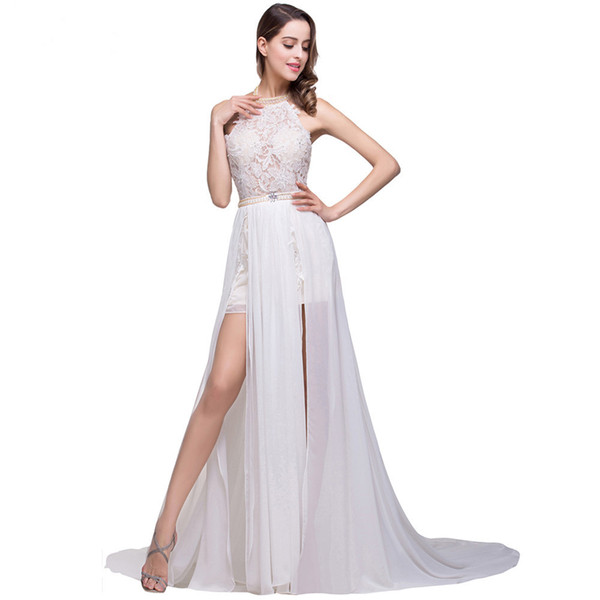 Romantic Ivory Lace Vestido de Noiva Beaded Sexy Backless High Low Beach Vintage Wedding Dress Chiffon 2017 Robe de Mariage