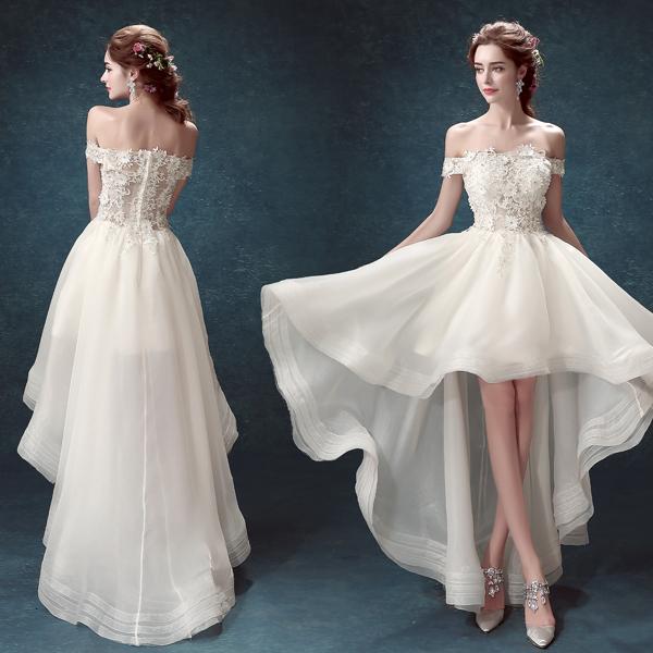French lace off shoulder high low princess bride wedding dress after a short tail elegant dinner party dance dress