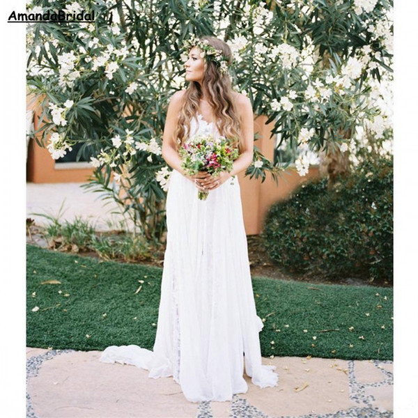 Amandabridal Backless Country Beach Wedding Dress Tiered Skirt Appliques Lace Spaghetti Straps A-Line Summer Boho Wedding Dresses