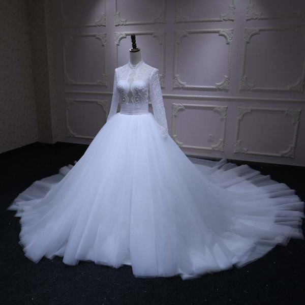 Loverxu Robe De Mariee Sexy Long Sleeve Lace Wedding Dresses High Neck Beaded Pearls Vintage A Line Bridal Gown Plus Size