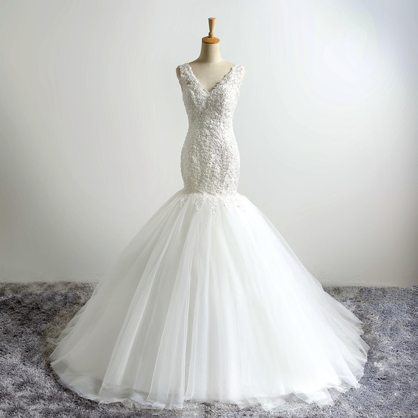 Elegant wedding dress Lace tulle Appliques sequin beading Sexy v-neck Back lace-up Mermaid Mariage Bridal Dress 