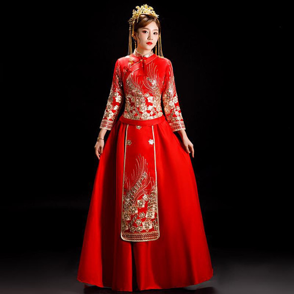 Bridal gown evening dress Chinese Traditional Wedding Dress Cheongsam Autumn Your shoulders Orientale QP373