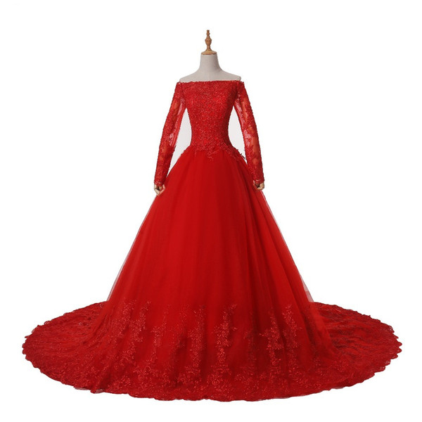 Red Long Sleeve Ball Gown Lace Wedding Dresses With Long Train Princess Appliques Off Shoulder Wedding Gowns For Bride Plus Size Bridal Gown