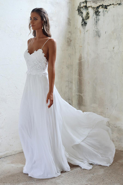 HOT New Sexy Backless Spaghetti Beach Wedding Dress Lace Chiffon White Ivory Bridal Gown Custom Made