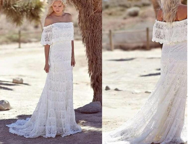 High quality Full Lace Country Boho Wedding Dresses Off The Shoulder Sweep Train Short Sleeves Beach Bohemian Bridal Gowns Plus Size