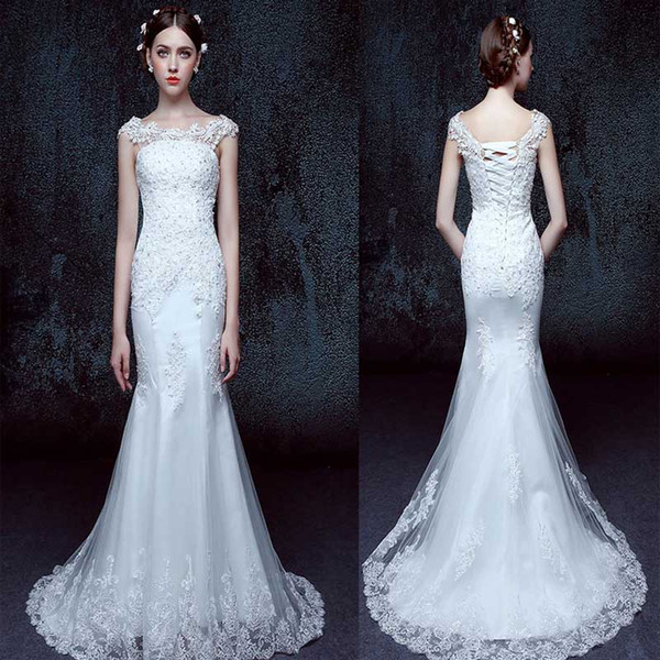 Vintage 2016 Full Lace Mermaid Beach Wedding Dresses Appliqued Cap Sleeves Court Train Custom Made A Line Plus Size Bridal Gowns White Ivory