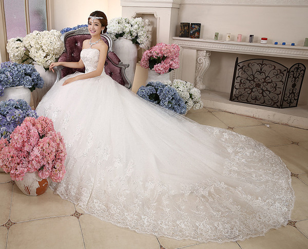 Wedding dress bride new long tail wedding dress chest size slim lace wedding tail custom Strapless