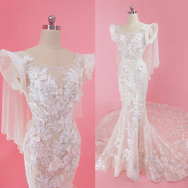 Mermaid high shoulder Tulle Lace beadings chapel Train cap sleeves Trumpet Illusion Backless Wedding Dress
