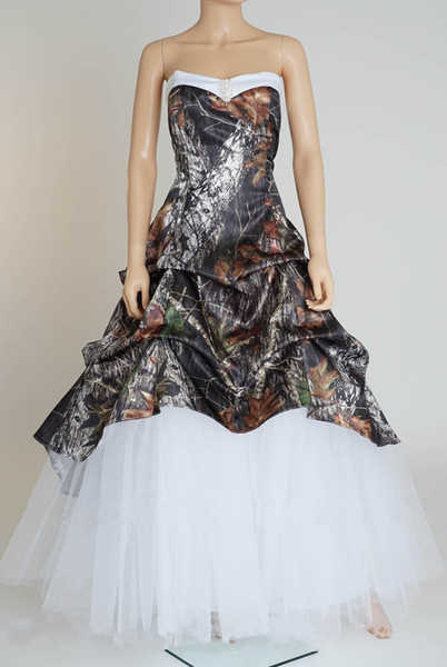.Real Picture Camo Camouflage Wedding Dresses Lace-up Back Bridal Dresses Unique Realtree Partten with White Tulle Wedding Gowns
