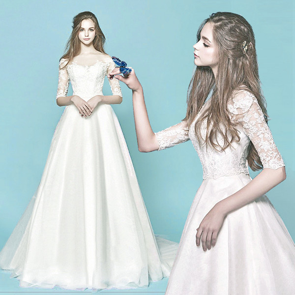Grace White Tulle Bateau Half Sleeves Applique A-Line Wedding Dresses Bridal Gowns Bridal Dresses Custom Made Size 2-18 KW312001