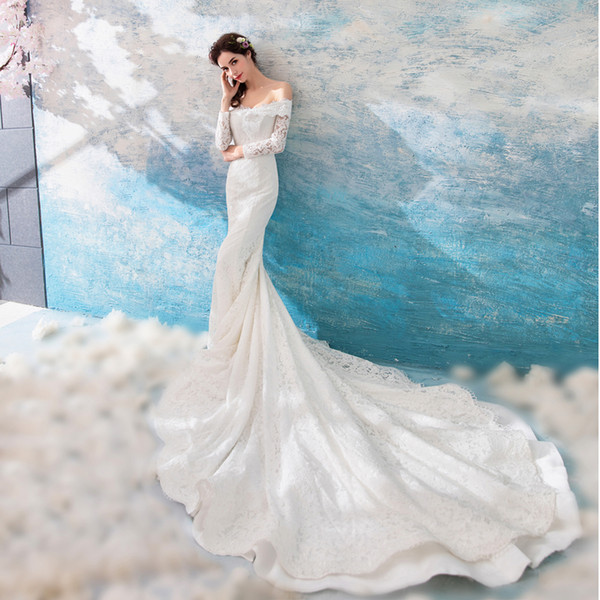 long trailing tube top fish tail royal bride hot Bridal Wedding Gown Real Photos White Lace Cheap Mermaid Wedding Dress