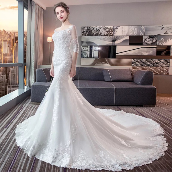 Romantic Wedding 3/4 Sleeves Mermaid Lace Trimmed Wedding Gowns Beautiful Floral Appliqued Bridal Dresses With Lace Edge