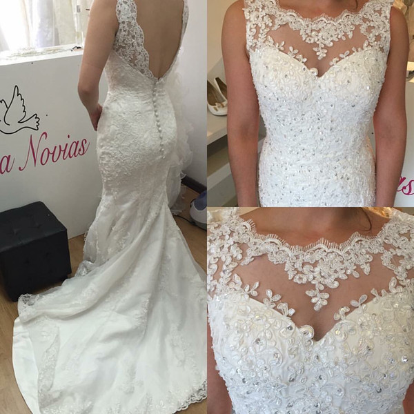 New White/Ivory Trumpet Wedding Dresses with Appliques and Beads Chapel Train Back Open Wedding Gowns