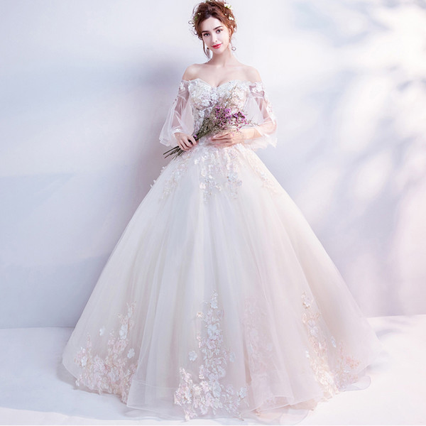 Wedding Dresses New vestido longo Champagne Pink Half Sleeve Off the Shoulder Ball Gown with Floral Lace Bridal Gown Stock