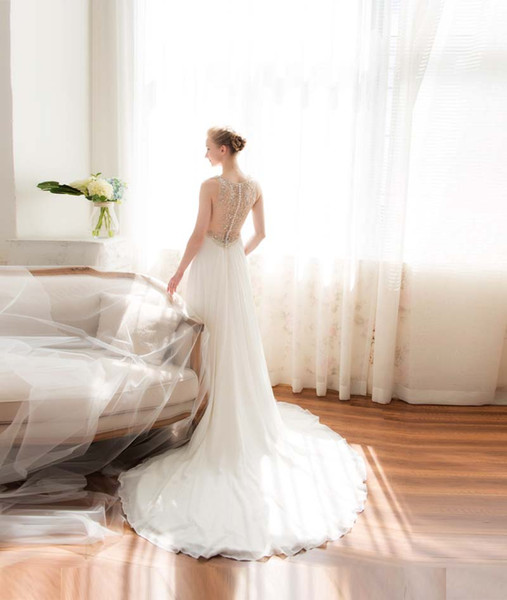 JIHAN original wedding dress advanced custom simple temperament chiffon back hollow embroidered pearl wedding dress