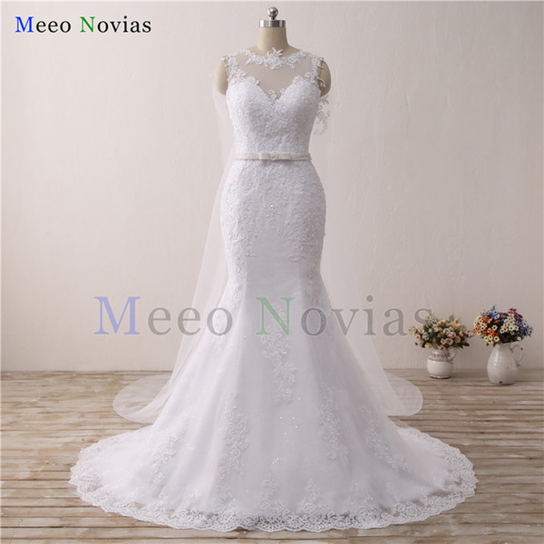 In Stock New Arrival 100% Real Photo Lace Mermaid Wedding Dresses Crystal Bow Belt Bride Gown Custom Made Wedding Gowns Removable Veil