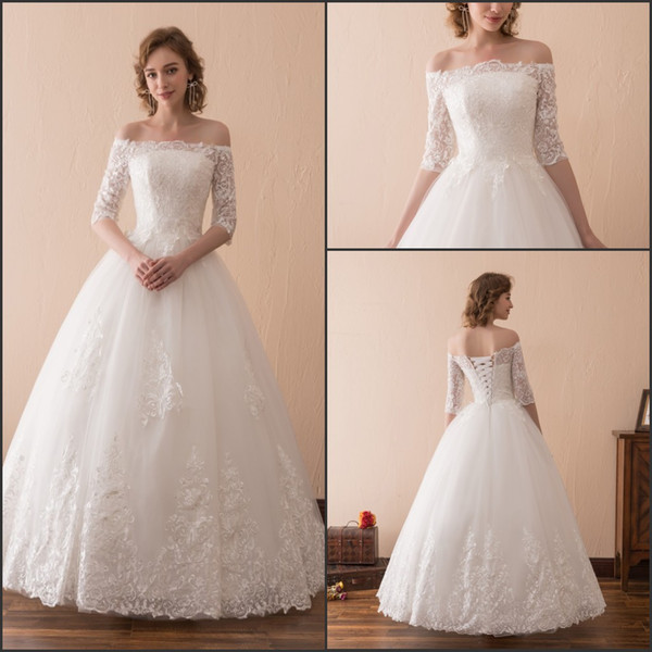 Elegant Lace Half Sleeve Bateau Neck Wedding Dresses Floor Length Corset White Ivory Stock Bride Dress Bridal Ball Gowns Stock 2-16