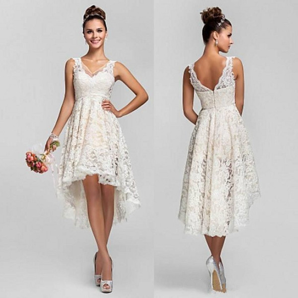 Summer Short Beach Wedding Dresses V Neck A Line High Low Hem Ivory Lace Informal Bridal Gowns