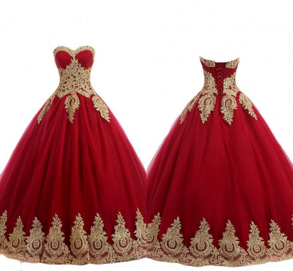 Sexy Red And Gold Wedding Dresses Strapless Lace-up Applique Tulle Country Wedding Guest Dress Bridal Party Gowns For Bride Plus Size New