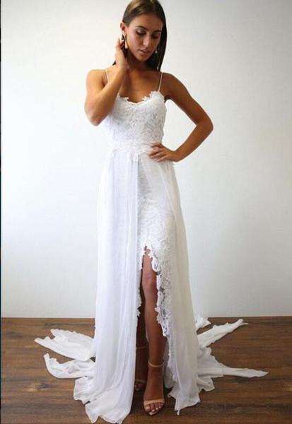 Beach Wedding Dresses White Lace Summer Sleeveless Bridal Gowns Slit Mermaid Seaside Simple Contryside Dress For Brides Custom Made