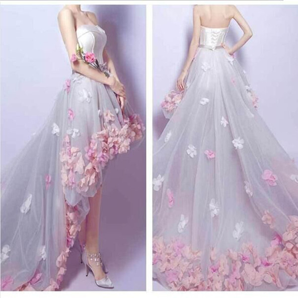 Hot lace a word shoulder white bride evening dresses prom dress short before long after small trailing wedding dresses