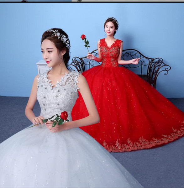 New 2018 Plus Size V-neck Lace Princess Sequins Wedding Dresses Cheap Red White Bride Frock Custom Made Vestidos De Novia