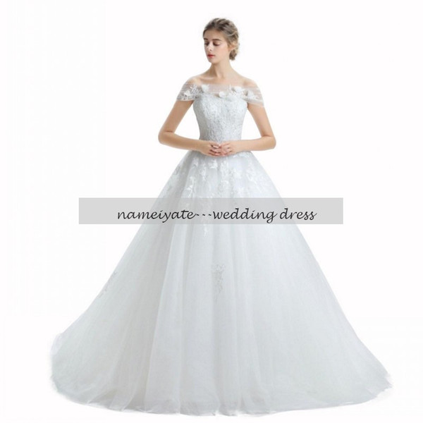 2017 A-Line Off-the-shoulder Cathedral Train Lace Tulle Wedding Dress with Beading Appliques Plus Size Bridal Gowns