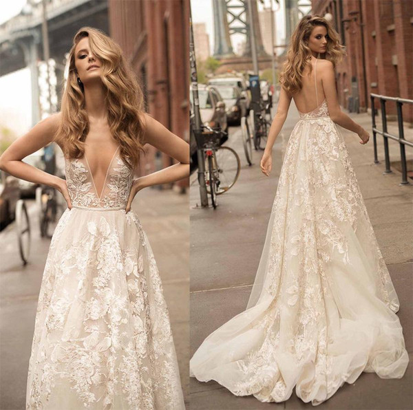 lace appliques beaded wedding dresses 2017 berta bridal haspaghetti deep plunging v neck short train modify A-line wedding gowns