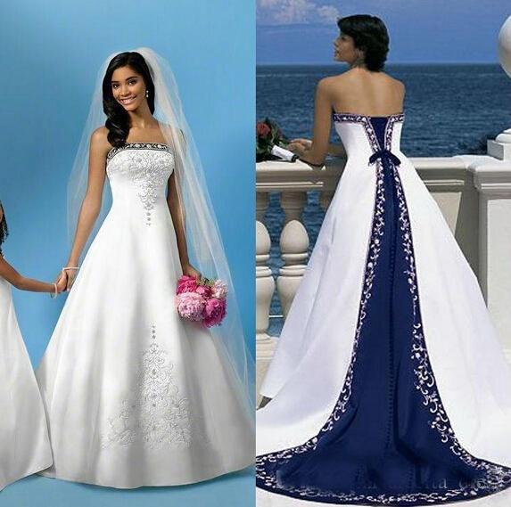 Cheap A Line White And Blue Wedding Dresses A Line Custom made Embroidery Corset Lace Up Beach Bridal Gowns