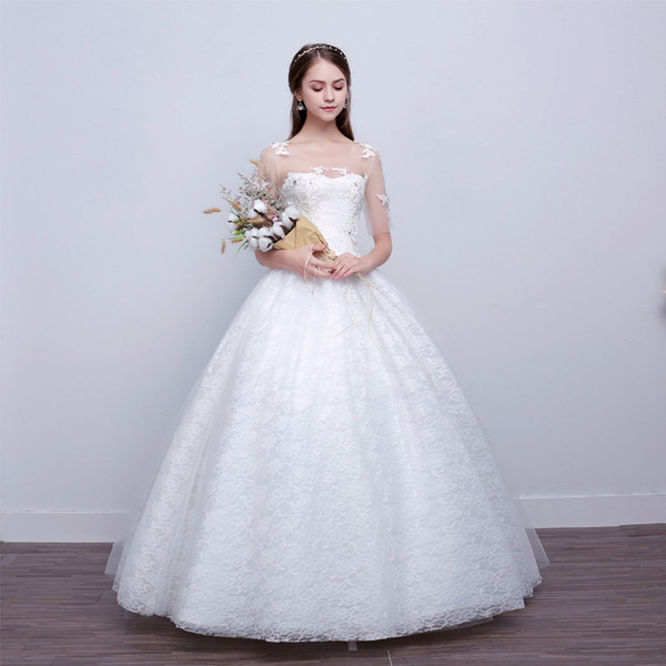 New Bridal Wedding Gowns Ball Gown Lace Up Scoop Cheap Beach Garden Wedding Dresses for Bride with Short Sleeves HS684