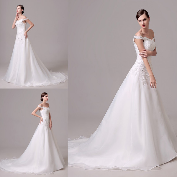 Real Picture 100% Wedding Dresses Floor Length Sexy Off Shoulder A Line In stock Ruffles Applqiue Lace Elegant Bridal Gown