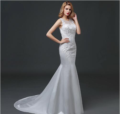 Newest Cheap Mermaid Jewel Lace Applique Ivory Sexy bridal Wedding Dresses