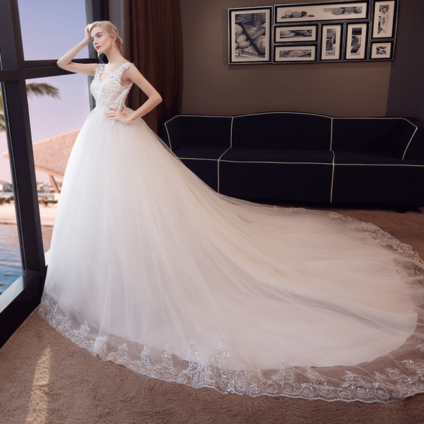 HMSexy Wedding Dresses with Lace Appliques Robe mariage Backless Sweep Train/ Floor Length Bridal Gowns Wedding Dresses