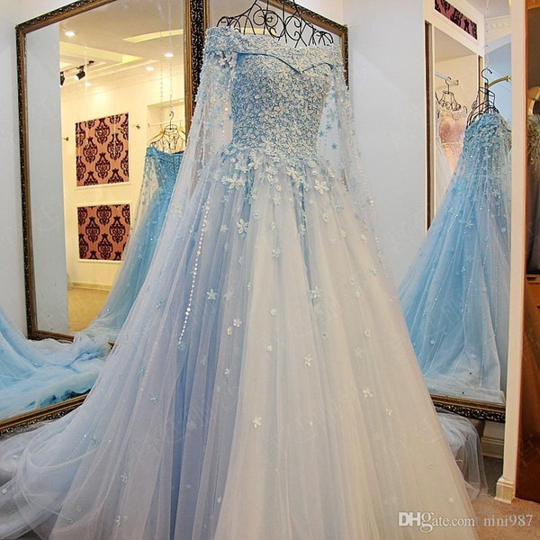 Vintage Celtic Wedding Dresses White and Pale Blue Colorful Medieval Bridal Gowns Scoop Neckline Corset Long Bell Sleeves Appliques Flowers