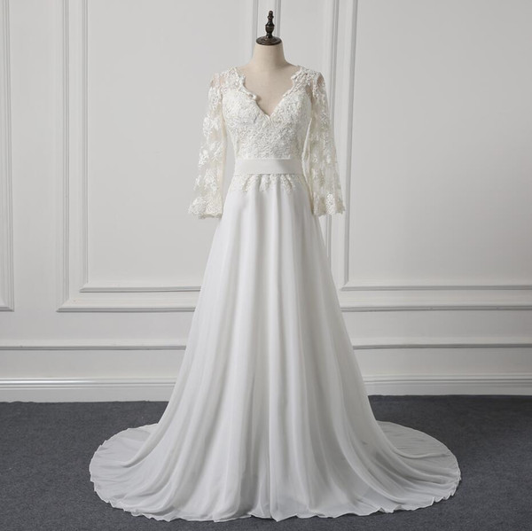 A Line chiffon Simple Wedding Dresses Bohemian three quarter Sleeve Lace Sexy V-Neck backless bridal Gowns mariage US Size 10