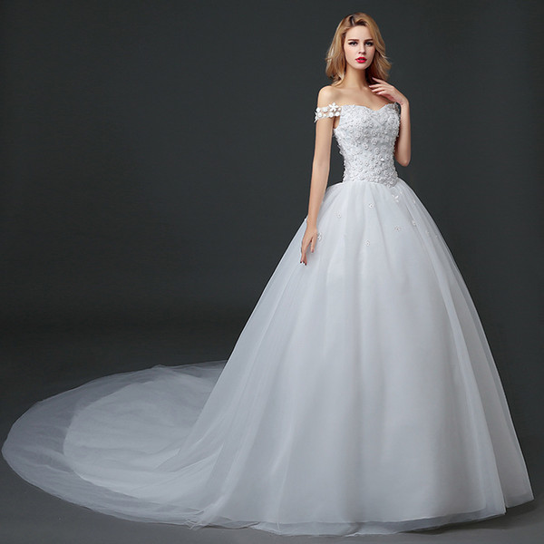 Cheap In Stock Sexy Off-shoulder Lace Up Trailing Wedding Dresses Mersh Appliqued Bridal Gown Saudi Arabia Dubai Vestidos