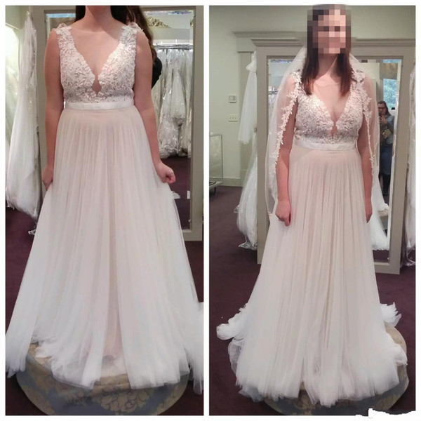 New Coming Jewel In Stock A Line Lace Sweep Train Buttons Custom Made Wedding Dresses Sexy Romantic