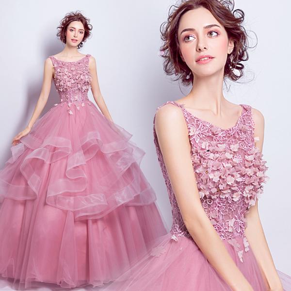 Rose pink flower embroidery lace wedding bride banquet wedding dress ball gown cake style tulle lovely dress