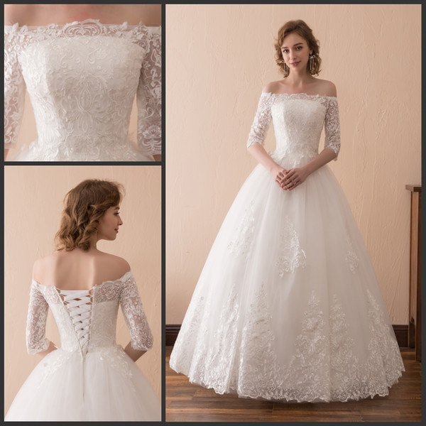 New Tulle White Ivory Bateau Vintage Lace Applique Half Sleeves Lace-up Full Length Ball Gown Wedding Dress On Stock