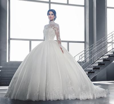 Popular Dubai Long Sleeve Lace Wedding Dresses Ball Gown High Collar Sheer Neck Tulle Bridal Gowns With Appliques Sexy Beaded Bridal Gowns