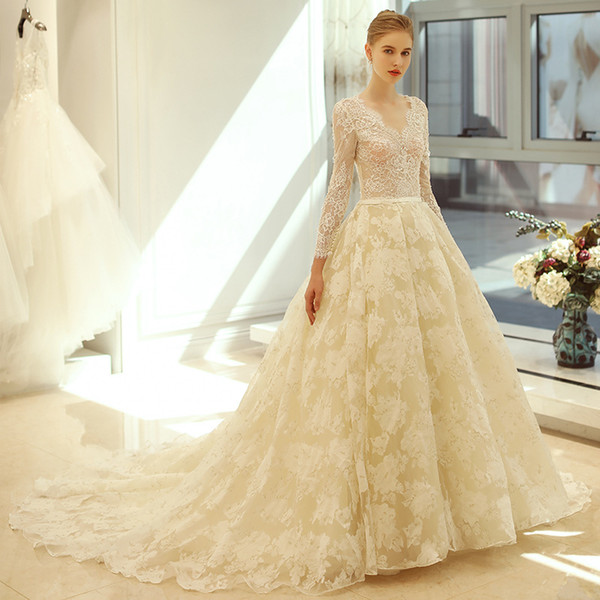 OY273 Gown Wedding Dress New Bride Married V-neck Long Sleeve Sexy Perspective Slim Gown Luxury High-end sleeved Wedding Dresses With lace
