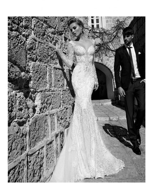 Long-sleeved fish tail wedding dress 2017 spring luxury lace dew sexy deep V collar slim slender bridal gowns