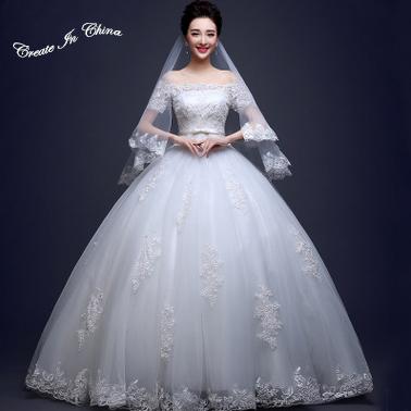 2016 cheap lace off shoulder strape bubble wedding dress for festive occasion