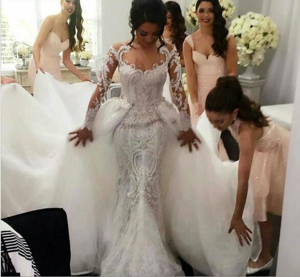 Full Lace Retro Wedding Dresses with Detachable Tulle Overskirt Jewel Neck Sheer Long Sleeves Pearls Embroidery Elegant Bridal Gowns